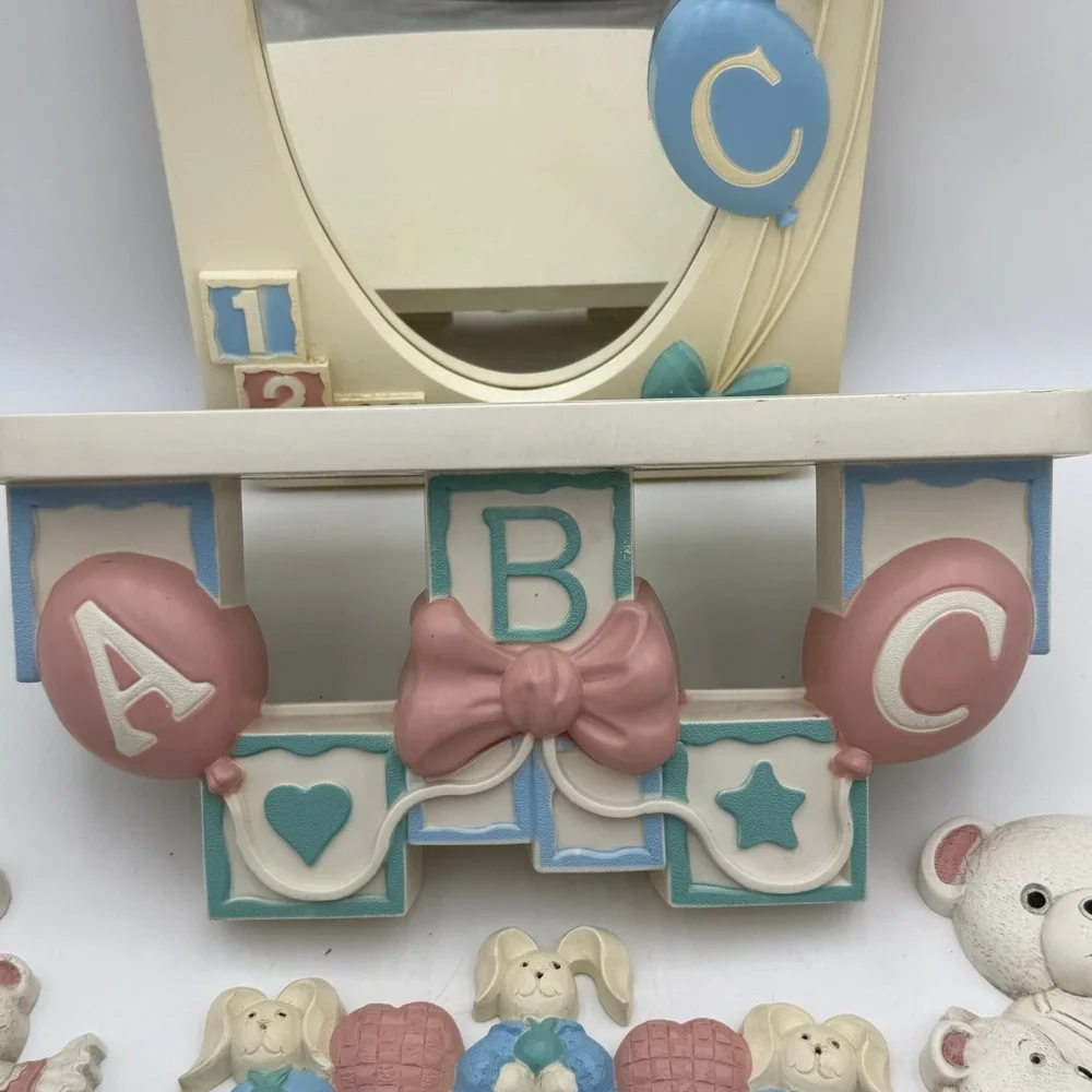 Vintage Nursery Wall Decor Set Teddy Bear Bunny Mirror Shelf Plaques Pastel 6pc